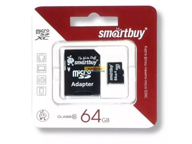 Флеш-карта SmartBuy microSDHC (64Gb, microSD, Class 10, SD-адаптер)