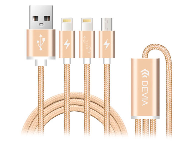 USB-кабель Devia Lightning 3-in-1 Cable универсальный (Lightning, microUSB, USB Type C, 1.2 метра, золотистый)