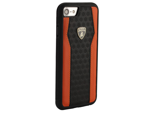 Чехол Lamborghini Huracan D8 для Apple iPhone 8 (черный/оранжевый, кожаный)