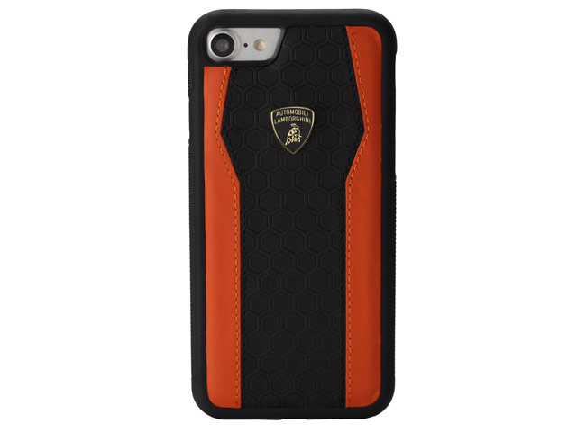Чехол Lamborghini Huracan D8 для Apple iPhone 8 (черный/оранжевый, кожаный)