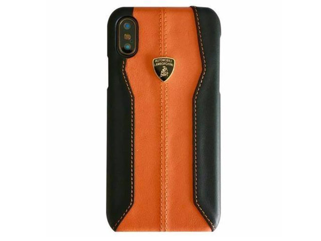 Чехол Lamborghini Huracan D1 для Apple iPhone X (черный/оранжевый, кожаный)