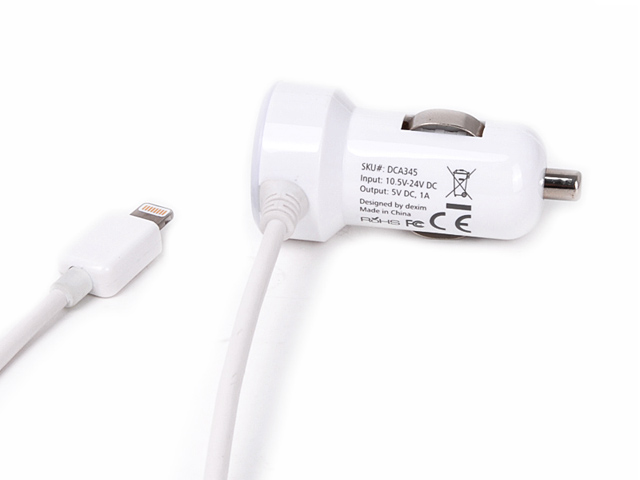 Зарядное устройство Dexim Mini Car charger 1A для Apple iPhone 5/iPod touch 5/iPod nano 7 (автомобильное, белое, Lightning)