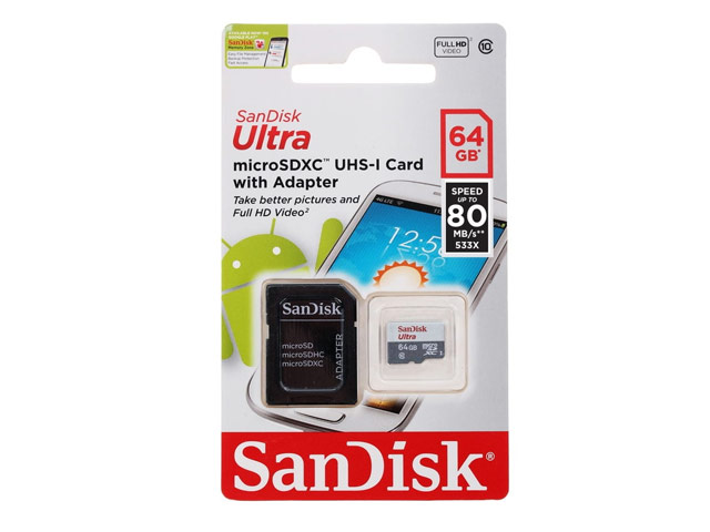 Флеш-карта SanDisk microSDHC (64Gb, microSD, Class 10 U1, SD-адаптер)