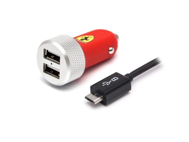 Зарядное устройство Ferrari Slim Car Charger универсальное (автомобильное, 2.1A, 2xUSB, microUSB, красное)