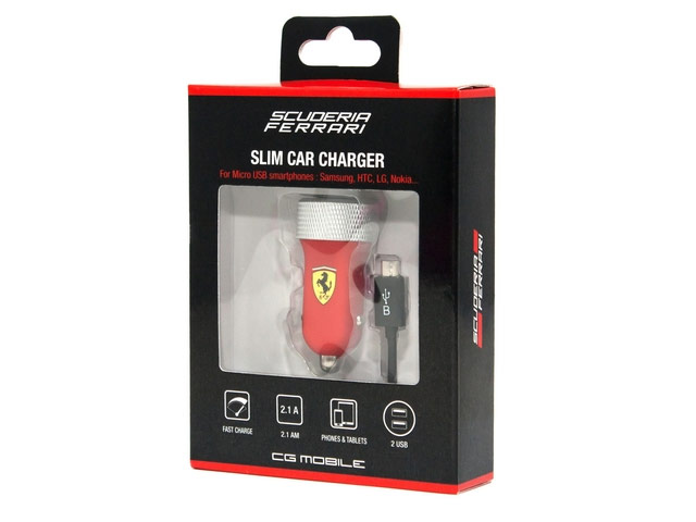 Зарядное устройство Ferrari Slim Car Charger универсальное (автомобильное, 2.1A, 2xUSB, microUSB, красное)