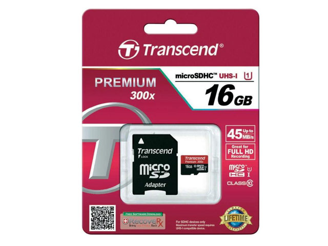 Флеш-карта Transcend microSDHC (16Gb, microSD, Class 10 U1, SD-адаптер)