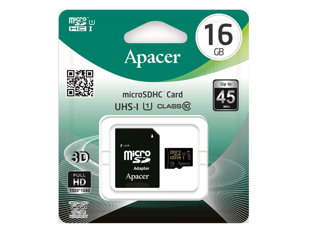 Флеш-карта Apacer microSD (16Gb, microSD, Class 10 U1, SD-адаптер)