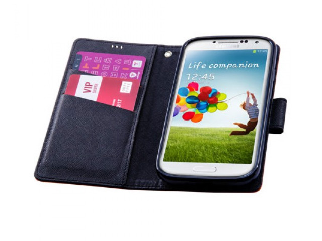 Чехол Moings Go Go Book Case для Samsung Galaxy S4 i9500 (черный/фиолетовый, с визитницей, кожанный)