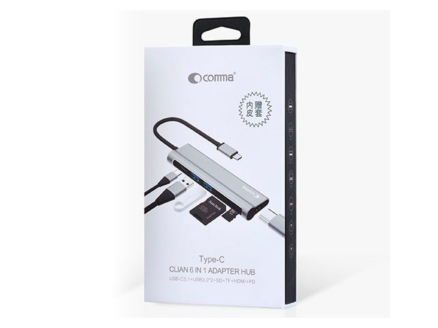 USB-хаб Comma Clian Adapter Hub универсальный (USB Type C, 2xUSB, USB 3.0, HDMI, кард-ридер SD/TF, темно-серый)