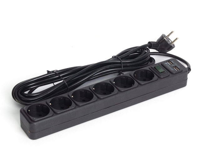 Сетевой фильтр iPower iPEO3m-USB (220В, 3 м, 6 розеток, 2xUSB, 2.1A, черный)