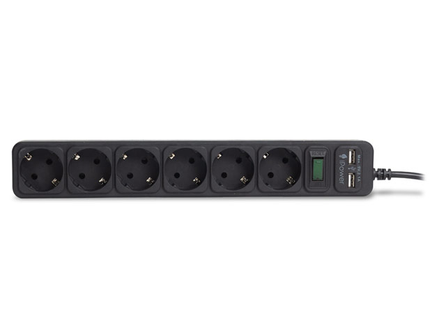Сетевой фильтр iPower iPEO5m-USB (220В, 5 м, 6 розеток, 2xUSB, 2.1A, черный)