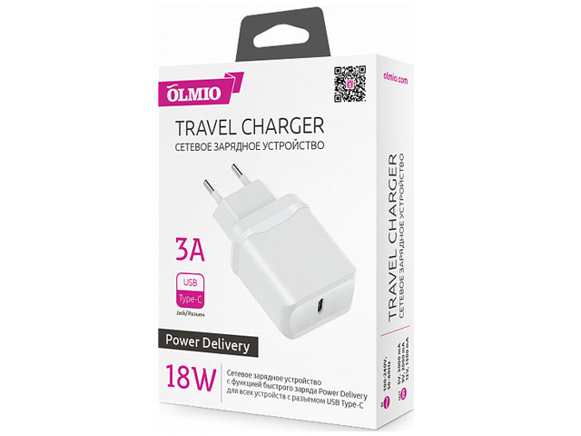 Зарядное устройство Olmio Travel Charger универсальное (сетевое, 18W, USB-C, USB-PD, белое)