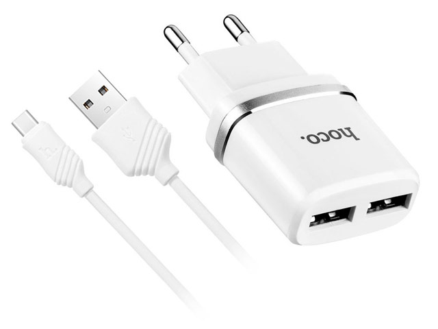 Зарядное устройство Hoco Smart Dual Charger C12 универсальное (сетевое, 2.4A, 2xUSB, USB Type C, белое)