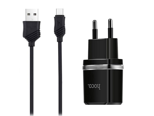 Зарядное устройство Hoco Smart Dual Charger C12 универсальное (сетевое, 2.4A, 2xUSB, USB Type C, черное)