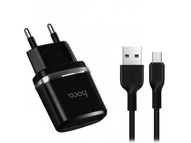 Зарядное устройство Hoco Smart Dual Charger C12 универсальное (сетевое, 2.4A, 2xUSB, USB Type C, черное)