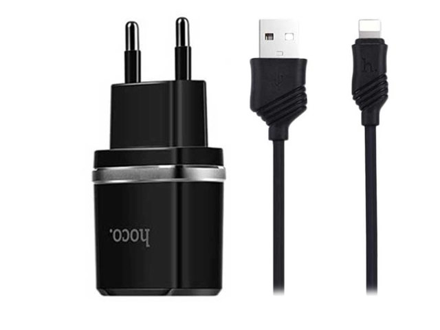 Зарядное устройство Hoco Smart Dual Charger C12 универсальное (сетевое, 2.4A, 2xUSB, Lightning, черное)