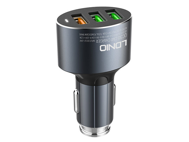 Зарядное устройство LDNIO Quick Charger универсальное (автомобильное, USB x 3, 3.0A, Quick Charge 3.0, Lightning, черное)