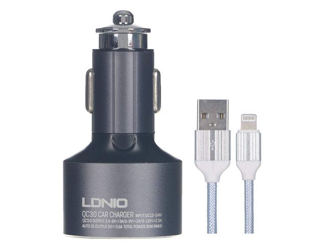 Зарядное устройство LDNIO Quick Charger универсальное (автомобильное, USB x 3, 3.0A, Quick Charge 3.0, Lightning, черное)