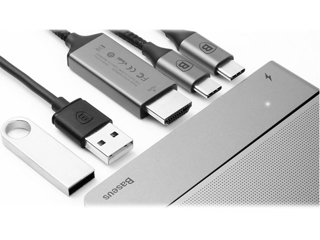 USB-хаб Baseus Thunderbolt C plus Hub универсальный (USB-C, 2 x USB 3.0, USB-C вход x 2, USB-C выход x 2, HDMI, темно-серый)