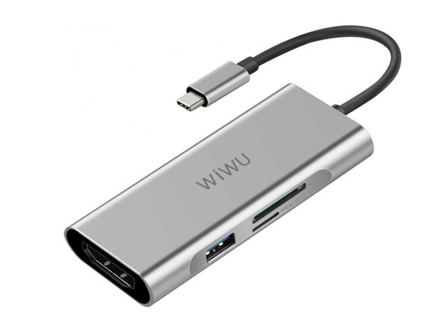 USB-хаб WIWU Alpha Hub 7-in-1 универсальный (USB-C, 3 x USB 3.0, USB-C вход, HDMI, microSD/SD, темно-серый)