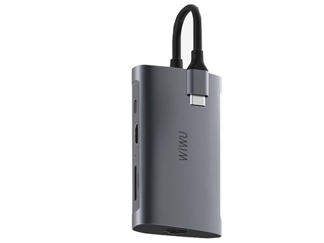 USB-хаб WIWU Alpha Hub 8-in-1 универсальный (USB-C, 3 x USB 3.0, USB-C вход, HDMI, microSD/SD, Ethernet, темно-серый)