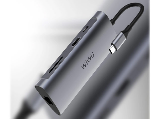 USB-хаб WIWU Alpha Hub 8-in-1 универсальный (USB-C, 3 x USB 3.0, USB-C вход, HDMI, microSD/SD, Ethernet, темно-серый)