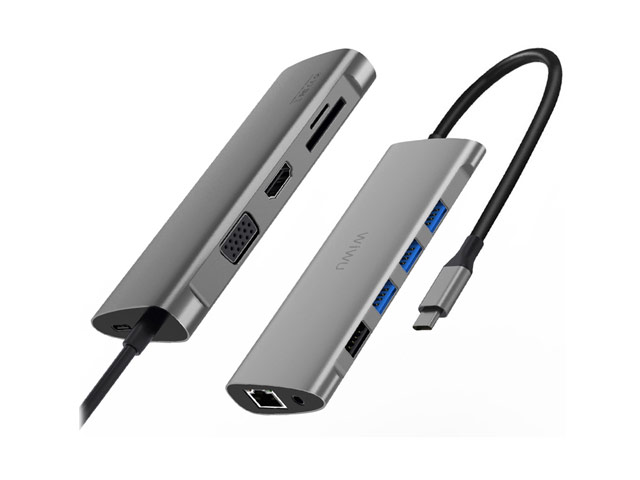 USB-хаб WIWU Alpha Hub 11-in-1 универсальный (USB-C, 4 x USB 3.0, USB-C вход, HDMI, VGA, microSD/SD, Ethernet, 3.5 мм, темно-серый)