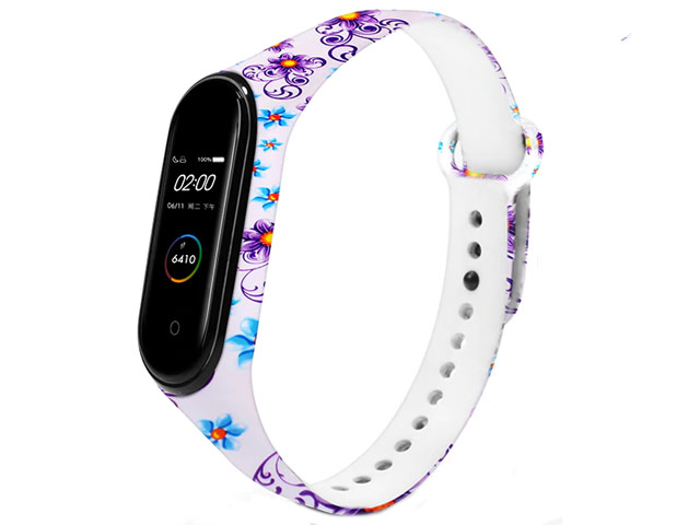 Ремешок для браслета Xiaomi Mi Band 3/4 (Purple Flowers, силиконовый)