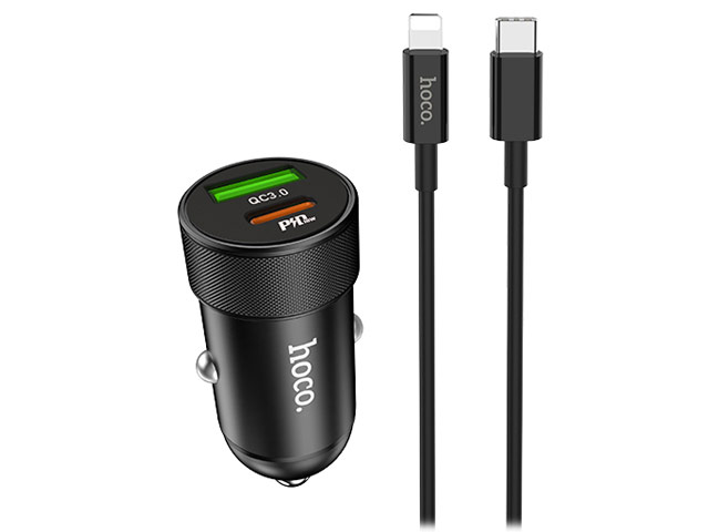 Зарядное устройство Hoco Mini Metal Car Charger Z32B универсальное (автомобильное, QC 3.0, PD, Lightning-кабель, черное)