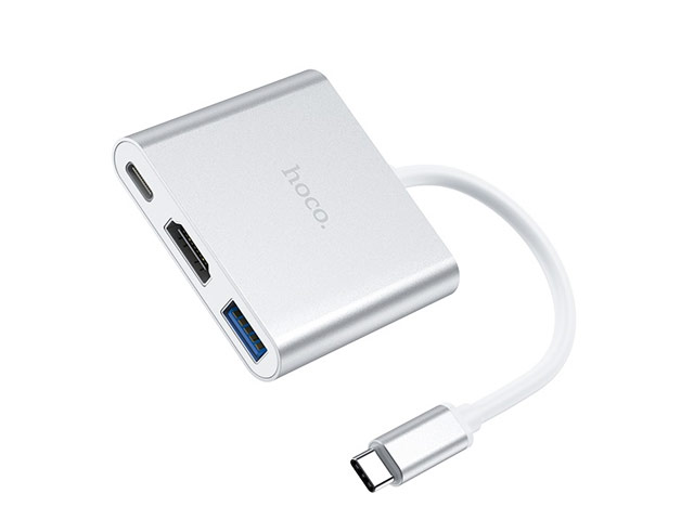 USB-хаб hoco Type-C to HDMI Adapter HB14 универсальный (USB-C, USB 3.0, HDMI, USB-C PD 2.0, серебристый)
