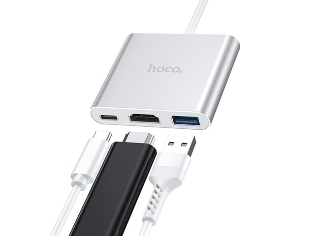 USB-хаб hoco Type-C to HDMI Adapter HB14 универсальный (USB-C, USB 3.0, HDMI, USB-C PD 2.0, серебристый)