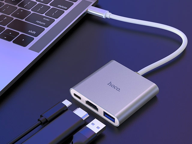 USB-хаб hoco Type-C to HDMI Adapter HB14 универсальный (USB-C, USB 3.0, HDMI, USB-C PD 2.0, серебристый)