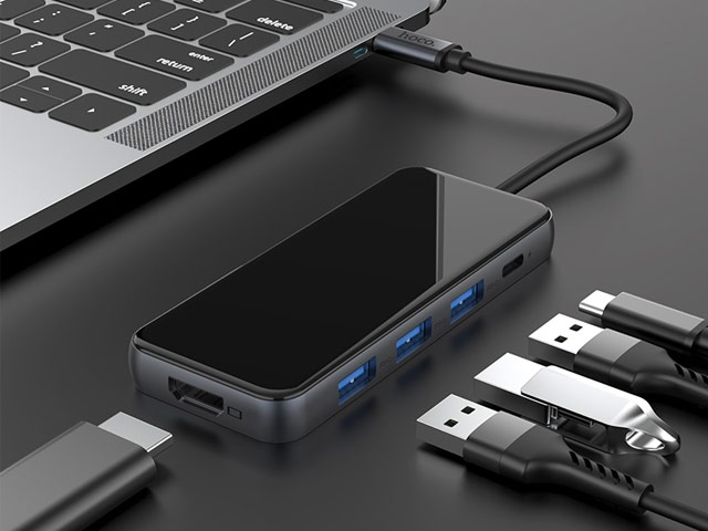 USB-хаб hoco 5-in-1 Adapter HB15 универсальный (USB-C, 3 x USB 3.0, HDMI, USB-C PD 2.0, черный)