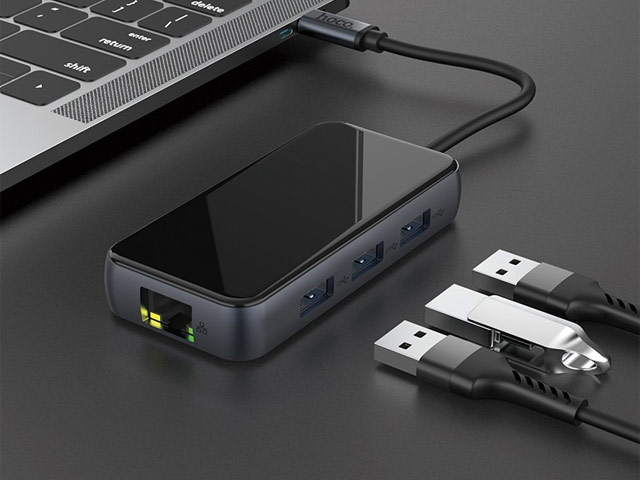 USB-хаб hoco 6-in-1 Adapter HB16 универсальный (USB-C, 3 x USB 3.0, HDMI, Ethernet, USB-C PD 2.0, черный)