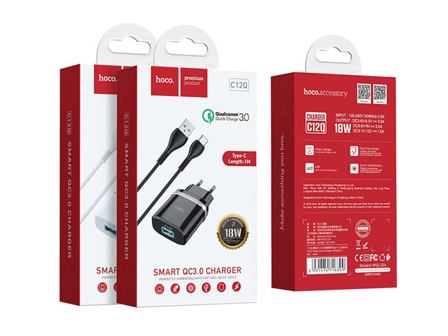 Зарядное устройство Hoco Smart Charger C12Q универсальное (сетевое, 18W, Quick Charge 3.0, USB-C-кабель, черное)