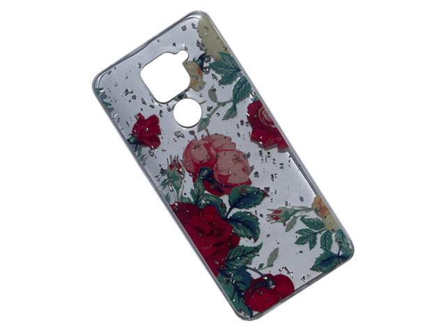 Чехол Yotrix GlitterFoil Case для Xiaomi Redmi Note 9 (Flowers Red, гелевый)