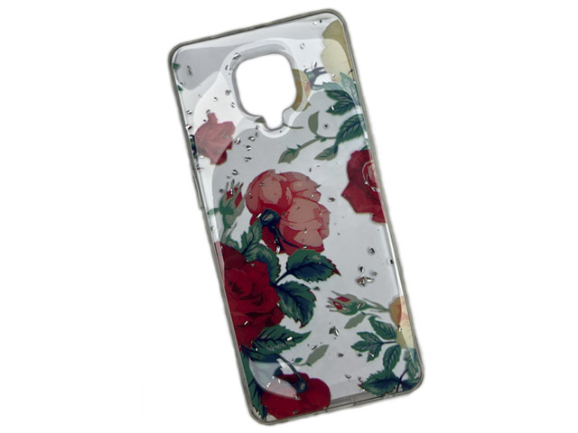 Чехол Yotrix GlitterFoil Case для Xiaomi Redmi Note 9S (Flowers Red, гелевый)