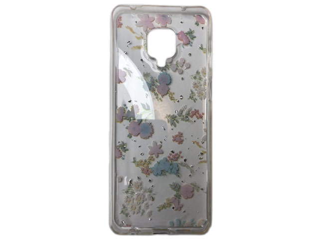 Чехол Yotrix GlitterFoil Case для Xiaomi Redmi Note 9S (Flowers Pink, гелевый)