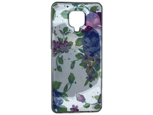 Чехол Yotrix GlitterFoil Case для Xiaomi Redmi Note 9 pro (Flowers Mint, гелевый)