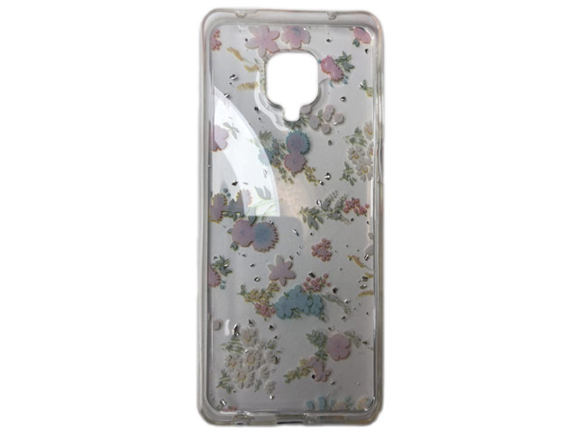 Чехол Yotrix GlitterFoil Case для Xiaomi Redmi Note 9 pro (Flowers Pink, гелевый)