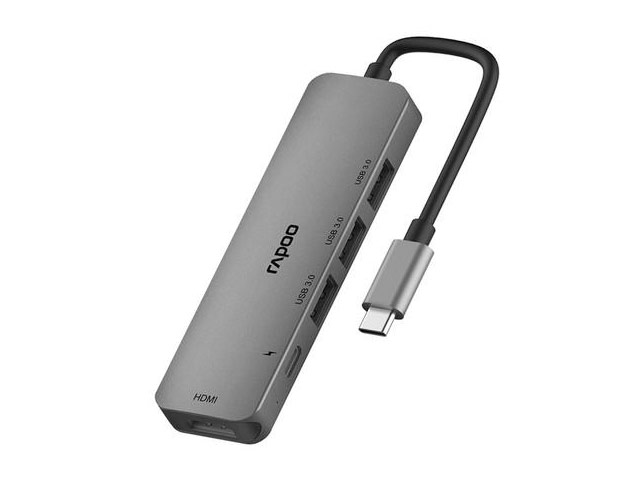 USB-хаб Rapoo Multifunctional Adapter XD100 универсальный (USB-C, 3 x USB 3.0, HDMI, USB-C PD, темно-серый)