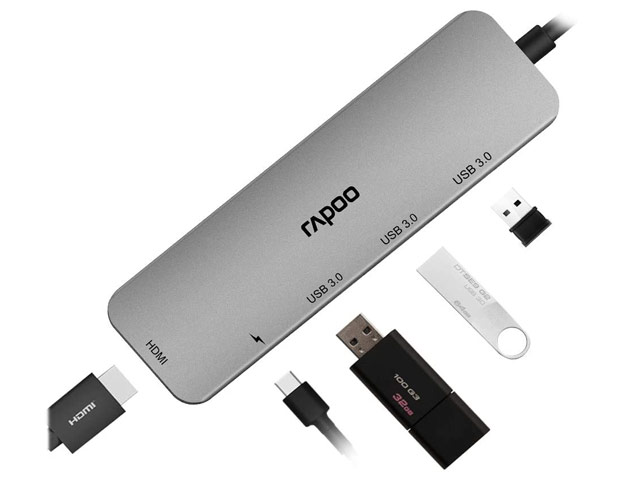 USB-хаб Rapoo Multifunctional Adapter XD100 универсальный (USB-C, 3 x USB 3.0, HDMI, USB-C PD, темно-серый)