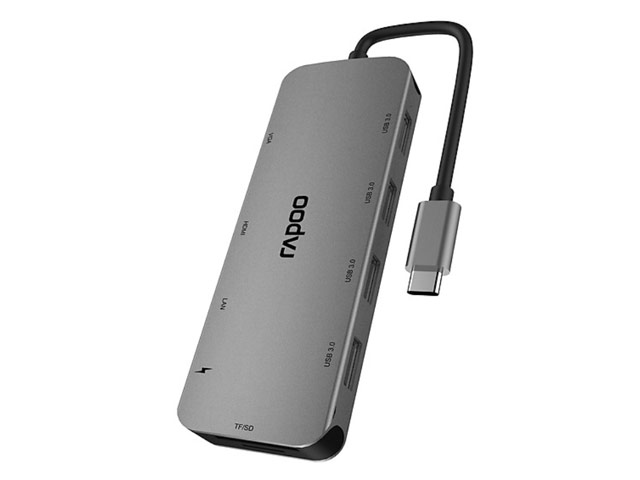 USB-хаб Rapoo Multifunctional Adapter XD200 универсальный (USB-C, 4 x USB 3.0, HDMI, VGA, TF/SD, LAN, USB-C PD, темно-серый)