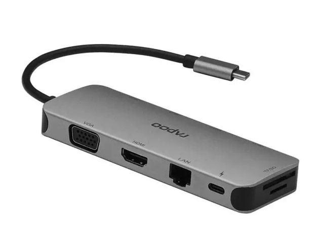 USB-хаб Rapoo Multifunctional Adapter XD200 универсальный (USB-C, 4 x USB 3.0, HDMI, VGA, TF/SD, LAN, USB-C PD, темно-серый)