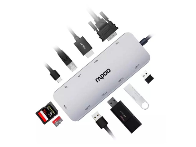 USB-хаб Rapoo Multifunctional Adapter XD200 универсальный (USB-C, 4 x USB 3.0, HDMI, VGA, TF/SD, LAN, USB-C PD, темно-серый)
