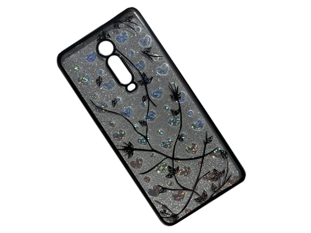 Чехол Yotrix GlitterSoft Leafs для Xiaomi Mi 9T (черный, гелевый)