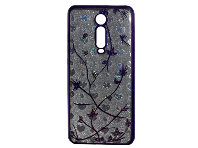 Чехол Yotrix GlitterSoft Leafs для Xiaomi Mi 9T (фиолетовый, гелевый)