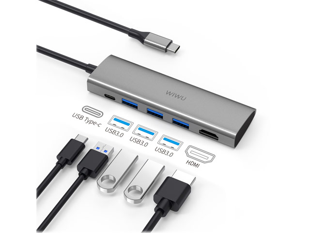 USB-хаб WIWU Alpha Hub 5-in-1 A531H универсальный (USB-C, 3 x USB 3.0, HDMI, серый)