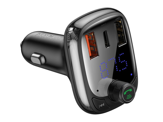 Зарядное устройство Baseus T-typed Bluetooth PPS Charger универсальное (автомобильное, Fast Charge, USB-C, 2xUSB, FM-модулятор, черное)