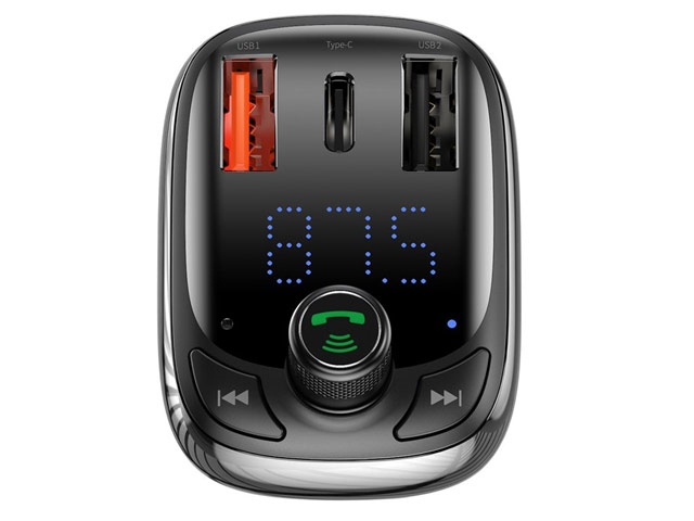Зарядное устройство Baseus T-typed Bluetooth PPS Charger универсальное (автомобильное, Fast Charge, USB-C, 2xUSB, FM-модулятор, черное)